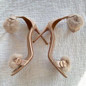 AQUAZZURA Sinatra Ankle Strap Sandal - Satin & Mink Fur in Powder Pink - Size 7